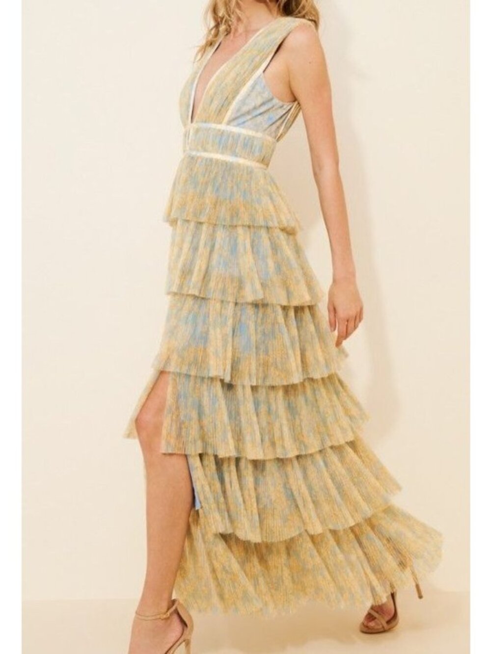 Hutch Plunge Neck Tiered Pleated Midi Dress Formal Romantic Enchanting Womens 8